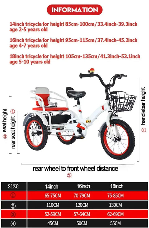Kids Pedal Tricycle For Ages 3 To 10, Outdoor Chain Drive Trike With Rear Seat, size guide chart, white and red tricycle.
