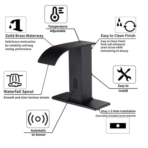 Automatic Sensor Touchless Bathroom Sink Faucet With Hole Cover Plate Vanity Faucet No Touch Hands Free Waterfall Tap Control Box And Temperature Mixer Matte Black