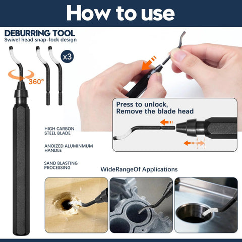 3D printer tools kit with black anodized aluminum deburring handle and three blades; includes nozzle cleaner and scraper