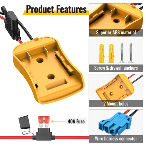 Battery Adapter For Dewalt 20V To Peg Perego Ride On Toy Conversion Kit showing ABS construction and components
