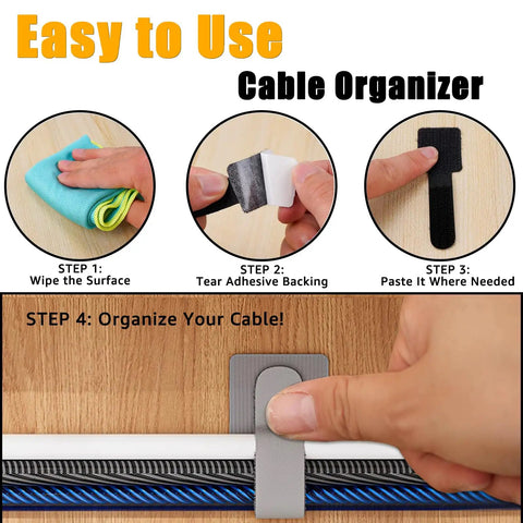 Image showing instructions for using 80 Piece Set Hook And Loop Cable Straps For Desk Cable Management Tames Messy Cords With Adhesive Wire Ties Reusable Cords Organizer For Home Office Under Desk Computer Accessories Black, including wiping surface, peeling adhesive backing, and organizing cables with straps.