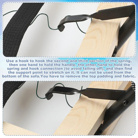Close-up of Professional Grade Upholstery Spring Stretcher Tool for Couch and Recliner showing hook and spring connections.