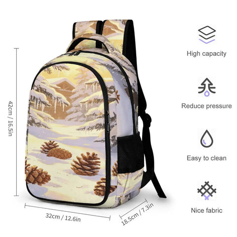 Winter Pine Landscape Backpack Unisex Daypack With Large Capacity Durable Polyester Fabric shown with size dimensions.
