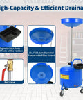 Hoguyexila 8 Gallon Portable Waste Oil Drain Tank Kit, Big Capacity Fluid Pickup Container With Pneumatic Pump For Quick Auto Garage Oil Changes And Vehicle Maintenance Jobs On Road. blue steel drain tank with funnel, casters, and ball valve
