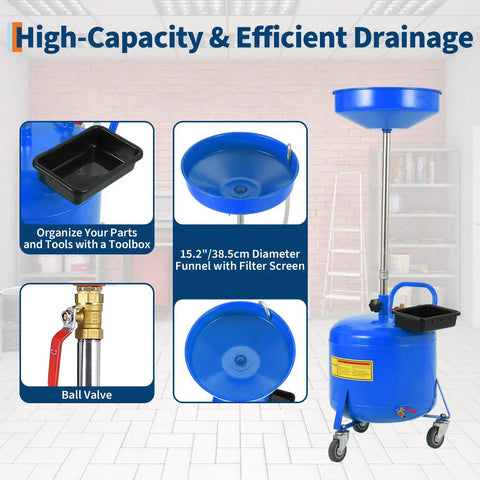 Hoguyexila 8 Gallon Portable Waste Oil Drain Tank Kit, Big Capacity Fluid Pickup Container With Pneumatic Pump For Quick Auto Garage Oil Changes And Vehicle Maintenance Jobs On Road. blue steel drain tank with funnel, casters, and ball valve