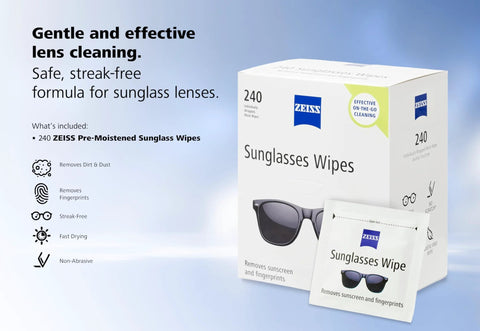 ZEISS Sunglasses Wipes box with 240-count, pre-moistened lens cleaning for sunglasses