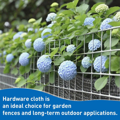 Heavy Duty Galvanized Welded Hardware Mesh Fence Ideal For Poultry Bird Wire Rabbits Gophers And Snakes 15.7 Inch By 6 Foot Cage Netting Rust Resistant Cage Screen showcases garden use with hydrangeas.