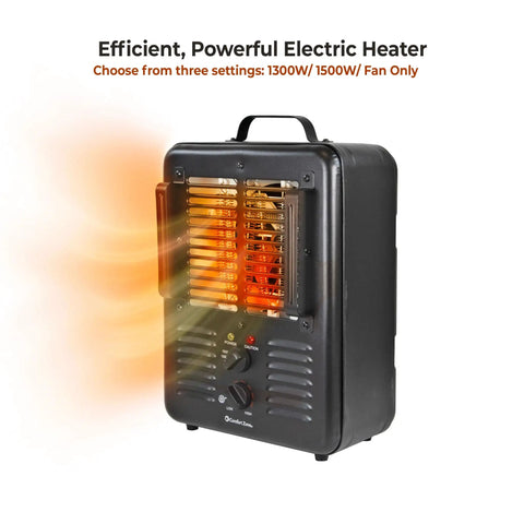Milkhouse Style 1500W Utility Space Heater For Garage And Workshop Portable Electric Heater showing front view with heat emission