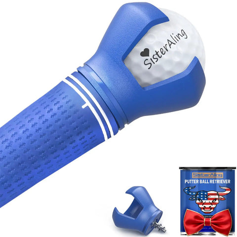 Blue 3-Prong Golf Ball Retriever Grabber With Back Saver Claw on putter grip, suction cup ball grabber, 1 pack