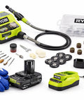 Kickass 18V Cordless Rotary Tool Set With Quiet Variable Speed Up To 35000 RPM Flexible Shaft Pen Design multi-tool kit with charger and gloves.