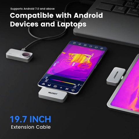 Android Smartphone Thermal Camera Plug And Play USB-C with 512x384 Thermal Sensor connected to a smartphone displaying infrared images.