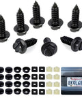 8 Pack Car License Plate Screws Kit With Black Metal Bolts Caps Foam Pads And Anti Rattle Anchors For Frames And Covers On Cars Trucks And SUVs Three Fourths By One Fourth Inch Fasteners For Your Ride, showing black screws, caps, and anti-rattle accessories with a license plate image.