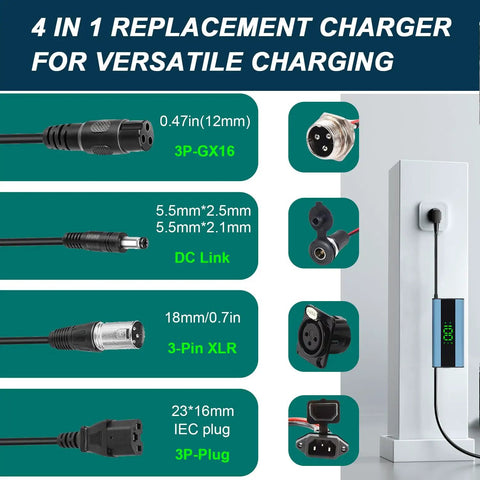 54.6V 2A Electric Scooter Charger With LED Display Real Time Battery Percentage For Hoverboards 5 Connector Universal Charger For 48V Lithium Batteries Fast Charging Compatible With Ninebot Kugoo And More; showing 4 connector types in use