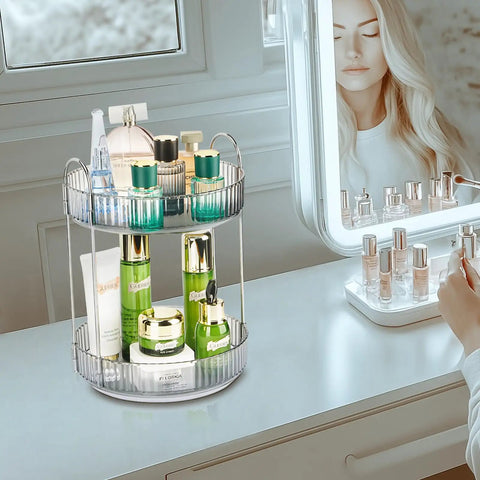 360 Degree Rotating Makeup Organizer With 2 Tier Lazy Susan Vanity Countertop Organizer in Classic Grey on a white vanity.