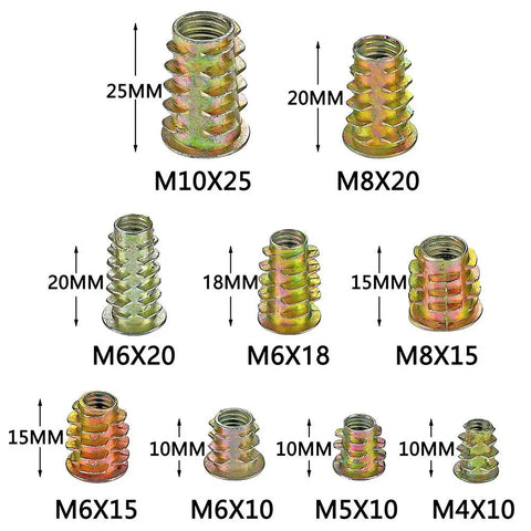 200 Pcs Zinc Alloy Threaded Nut Inserts Kit For Wood Furniture Nine Sizes M4 M5 M6 M8 M10 With Hex Socket Drive Bolt