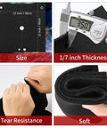 Sizes and features of two 12x12 inch welding blankets with cutout opening and snap button wrap for hands free soldering.