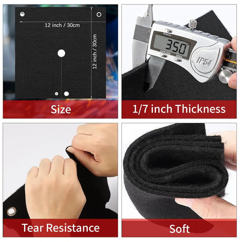 Sizes and features of two 12x12 inch welding blankets with cutout opening and snap button wrap for hands free soldering.