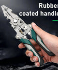 Tough As Nails Foldable Wire Strippers And Cutter Crimper Tool For Electrical Cable Work with rubber coated handle in hand.