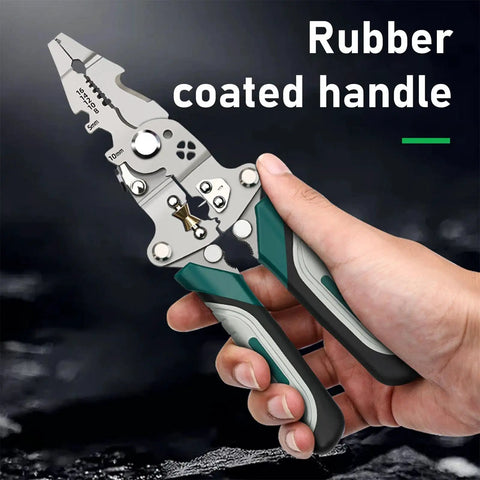 Tough As Nails Foldable Wire Strippers And Cutter Crimper Tool For Electrical Cable Work with rubber coated handle in hand.
