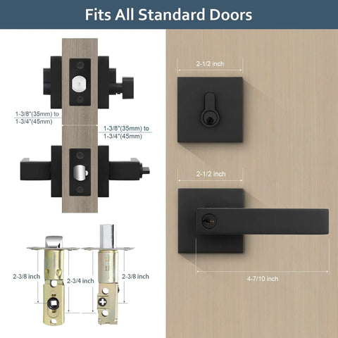 Diagram of Entry Lever Door Handle With Deadbolt Lock Set For Front Door Or Office with dimensions and matte black finish.