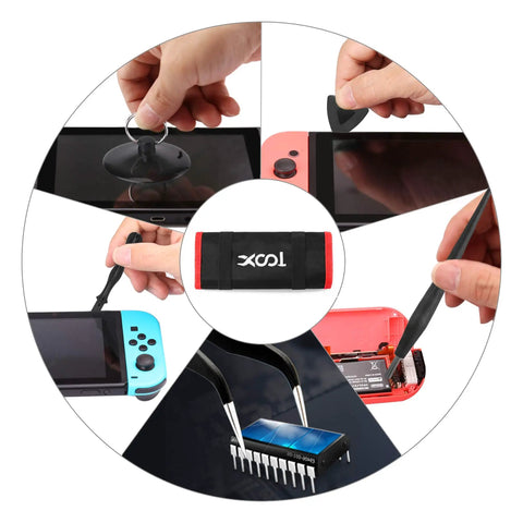 17 In 1 Gamebit And Tri Wing Screwdriver Repair Kit for Nintendo Switch Joy Con, showing tools in use and nylon pouch.