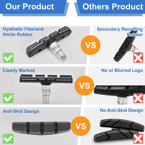Comparison between 70mm Universal V Brake Pads Set For Mountain And Road Bikes and other products, showing materials and design differences