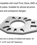 Stainless steel pinion yoke wrench tool with a central hole and slotted openings for yokes.