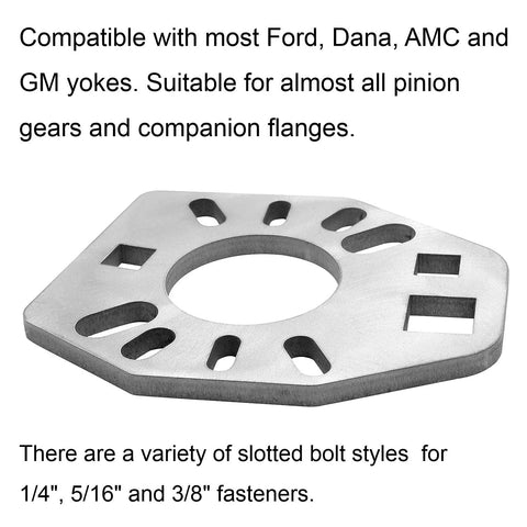 Stainless steel pinion yoke wrench tool with a central hole and slotted openings for yokes.