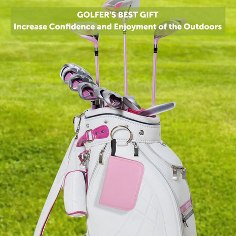 Go To All In One Portable Golf Kit with Premium Leather Pouch pink bag in grassy field with pink golf accessories