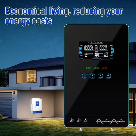 4000W Hybrid Solar Inverter With 24V DC To 120V AC Pure Sine Wave Glass LCD Display 140A MPPT shown outside home