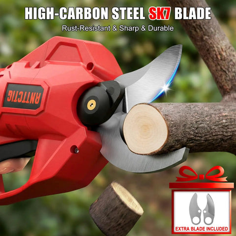 Upgraded Electric Pruning Shears With 2.56 Inch Cutting Capacity Cordless Pruner trimming a branch with high-carbon steel SK7 blade