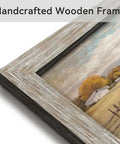 Close-up of handcrafted wooden frame on vintage red pickup truck wall art rustic farmhouse barn scene horizontal framed print for living room bedroom or home office cozy country vibe with autumn rural charm.