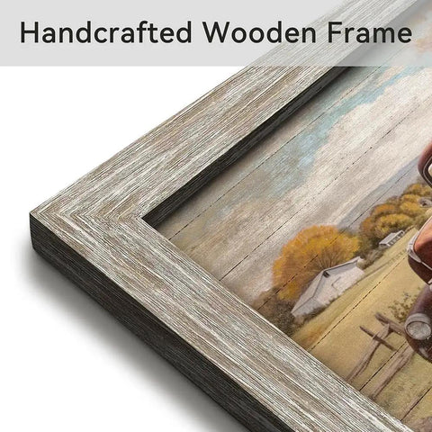 Close-up of handcrafted wooden frame on vintage red pickup truck wall art rustic farmhouse barn scene horizontal framed print for living room bedroom or home office cozy country vibe with autumn rural charm.