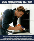 Person applying Heavy-Duty High Temperature Silicone Sealant For Ovens And Appliances, Boss Level Heat Resistant Glue to an oven door.