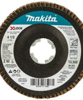 Front view of Makita X-Lock 4-1/2 Inch Flap Disc Set, 60 Grit Type 29 Angled Grinding And Polishing Discs, 7/8 Inch Arbor, 3 Pack