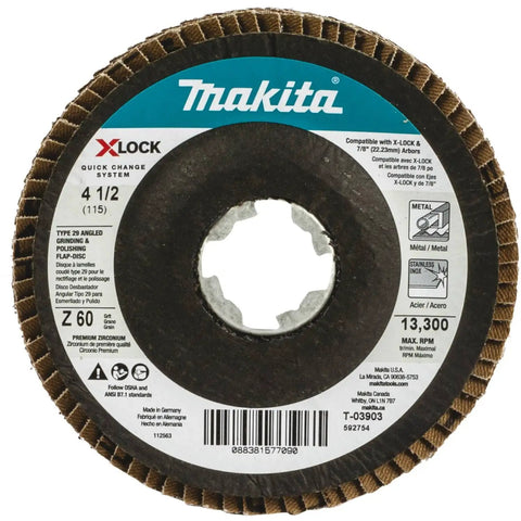 Front view of Makita X-Lock 4-1/2 Inch Flap Disc Set, 60 Grit Type 29 Angled Grinding And Polishing Discs, 7/8 Inch Arbor, 3 Pack