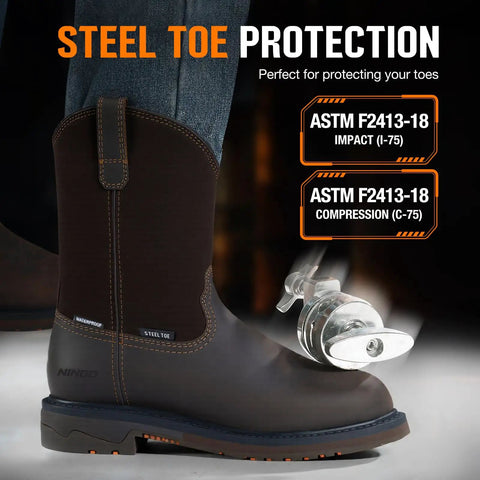 Steel Toe Waterproof Wellington Style Mens Work Boots With Full Grain Leather Pull On Non Slip EH Protection