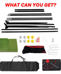 Components of 10x7Ft Golf Net With Turf Mat And Noise Free Target including frame parts, turf mat, golf balls, stakes, and carrying bags.