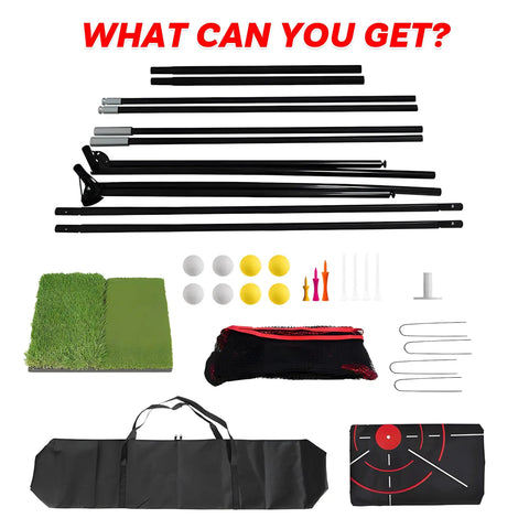 Components of 10x7Ft Golf Net With Turf Mat And Noise Free Target including frame parts, turf mat, golf balls, stakes, and carrying bags.