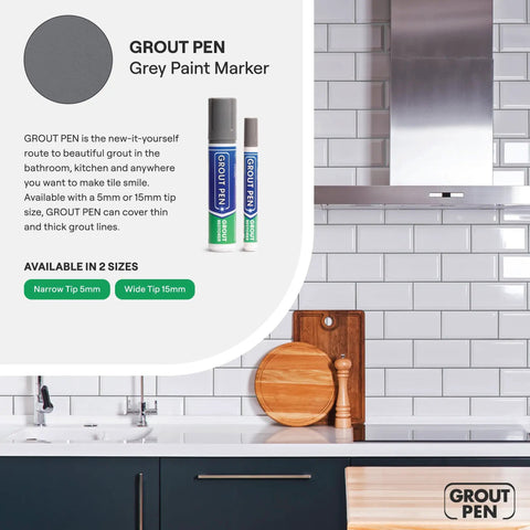 Gray Tile Grout Paint Marker for Quick DIY Recolor waterproof grout pen next to cutting boards in modern kitchen
