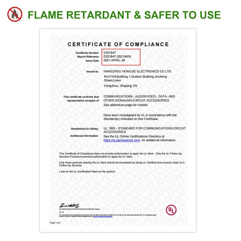 Certificate of compliance UL listed for High Speed 10Gbps Cat6 Keystone Jack Insert 25 Pack, flame retardant and safer to use