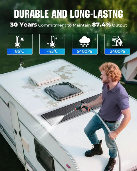 Person cleaning roof of RV with hose representing Two 100W N-Type Panels Solar Panel Kit For RVs And Campers, 200W 12V/24V System