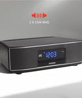 Exos Home Speaker With 30W RMS Power, Bluetooth Streaming, and CD Player showing digital clock display