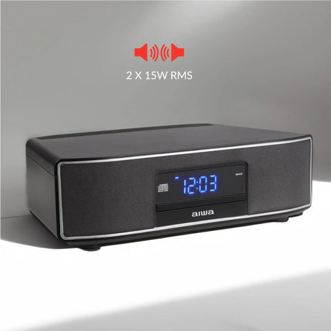 Exos Home Speaker With 30W RMS Power, Bluetooth Streaming, and CD Player showing digital clock display