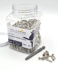 Shop Ready European Concealed Cabinet Hinge Screws 1000 Count in jar with driver bit and flat head screws visible.