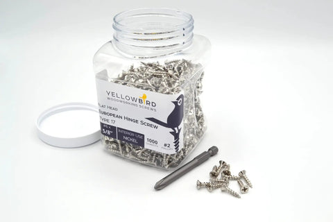 Shop Ready European Concealed Cabinet Hinge Screws 1000 Count in jar with driver bit and flat head screws visible.