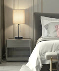 Two Pack 17.3 Inch Table Lamps With USB Ports And AC Outlet For Bedside Nightstands And Desks Or Living Rooms, Modern Gray Fabric Shade Lamps With Pull Chain Switch, totally perfect for bedroom office nursery reading, displayed on a bedside table in a modern bedroom setting