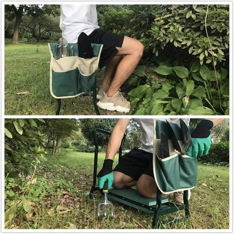 Man using Garden Kneeler Seat With Upgraded Thick Kneeling Pad And Large Tool Pouch Foldable Stool in garden