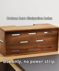 Acacia Wood Cable Management Box With Magnetic Lid And Ventilation for power strips, TV wires, and desk cables shown on a desk.