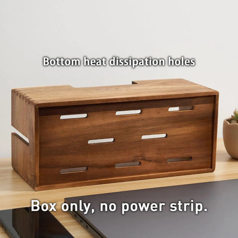 Acacia Wood Cable Management Box With Magnetic Lid And Ventilation for power strips, TV wires, and desk cables shown on a desk.